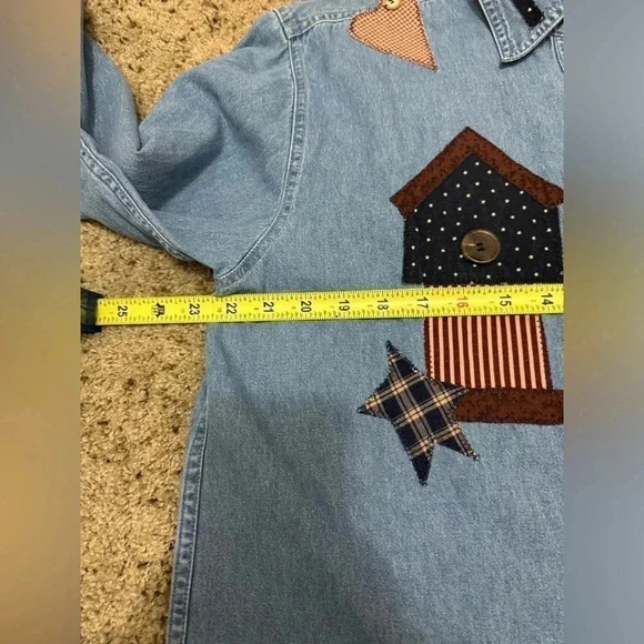 Women’s Denim Patches Patriotic US American Flag Button Down Shirt Top Large - Picture 10 of 10